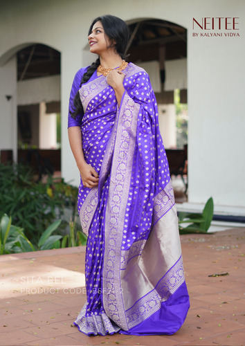 INDIGO BLUE BANARASI SILK SAREE WITH BOOTIS BSF21-2 - NEITEE