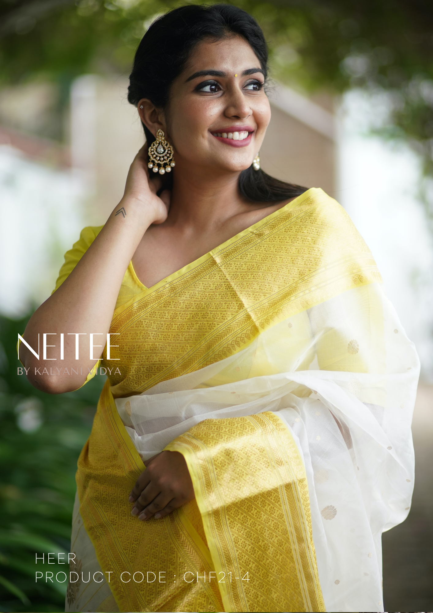 WHITE YELLOW CHANDERI ORGANZA SILK SAREE CHF21-4 – NEITEE